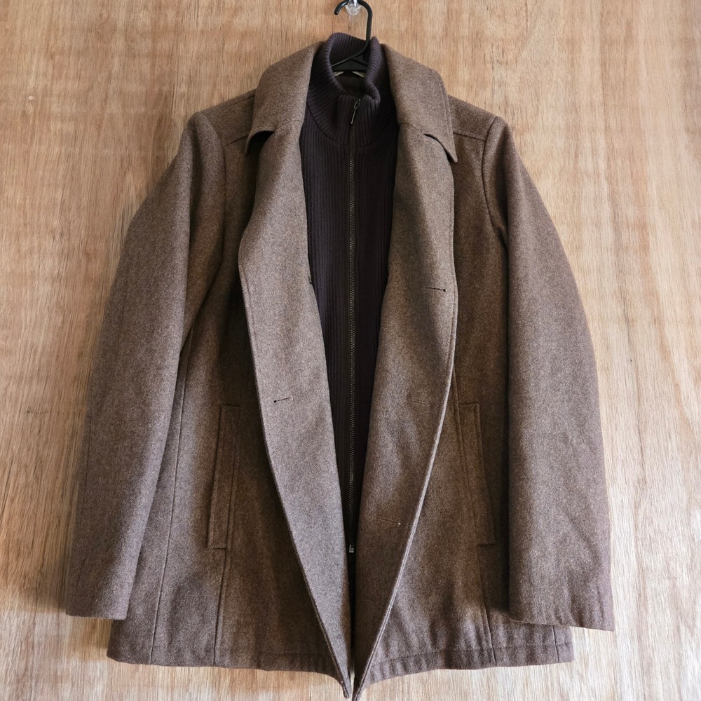 Kenneth Cole Reaction Mens Brown Wool Blend Double Breasted Pea Coat Small